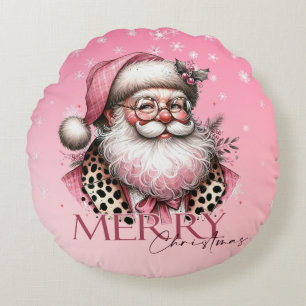 Cojín Redondo El retro rosado Santa Claus Vintage Feliz Navidad