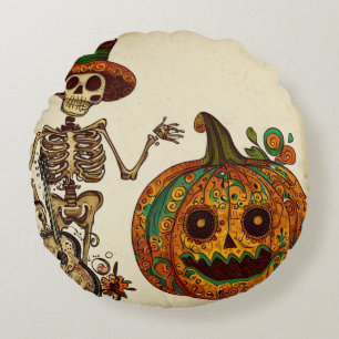 Cojín Redondo El Viejo Skeleton/Día de la Calabaza de los Muerto