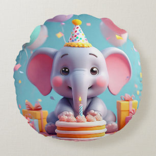 Cojín Redondo Elefante de dibujos animados adorable celebrando c