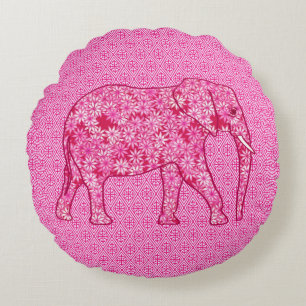 Cojín Redondo Elefante de las flores - rosa fucsia