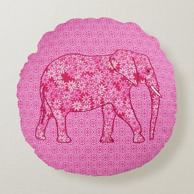 Cojín Redondo Elefante de las flores - rosa fucsia (Anverso)