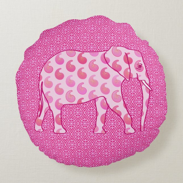 Cojín Redondo elefante de paisley - rosa hielo y fucsia (Reverso)