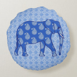 Cojín Redondo Elefante paisley - azul cobalto y blanco