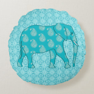 Cojín Redondo Elefante paisley - turquesa y aqua