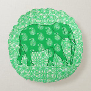 Cojín Redondo elefante paisley - verde jade y blanco
