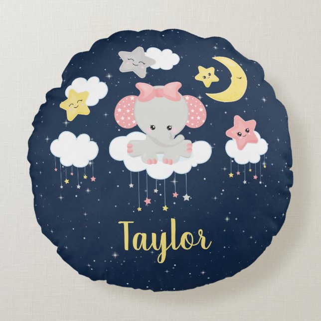 Cojín Redondo Elefante rosa y marina (Anverso)