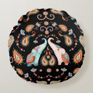 Cojín Redondo Elefante Tribal: Patrón Paisley de acuarela.