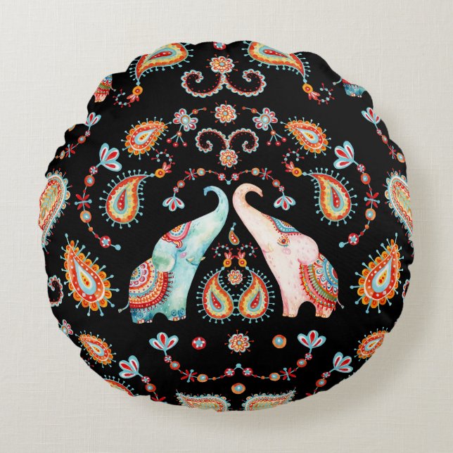 Cojín Redondo Elefante Tribal: Patrón Paisley de acuarela. (Anverso)