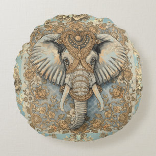 Cojín Redondo Elefante Vintage, Elefante Antiguo, Azul Suave Dor