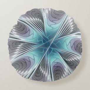 Cojín Redondo Elegancia Flor de Arte Fractal Blanco Gris Azul