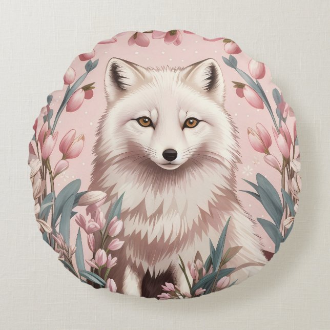 Cojín Redondo Elegant Arctic Fox Pink Floral (Anverso)