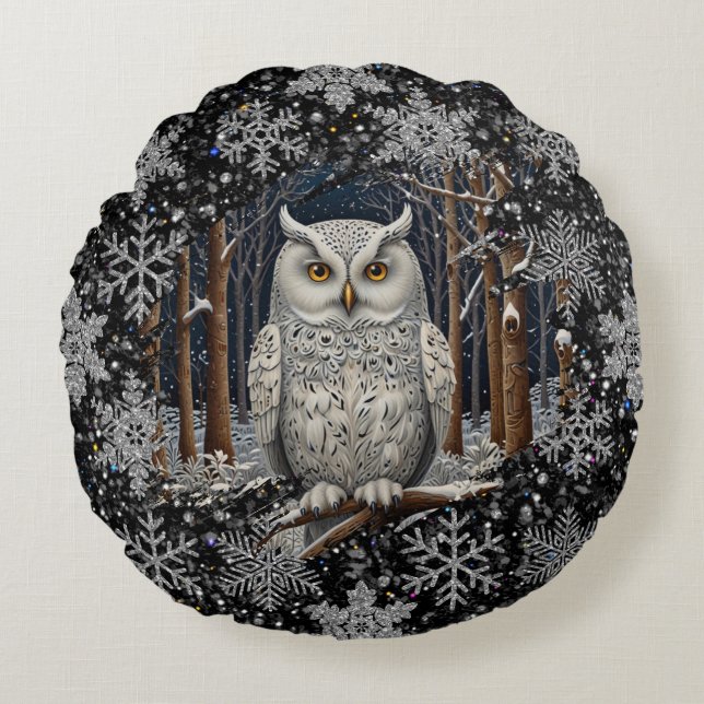 Cojín Redondo Elegant Christmas white owl woodland winter forest (Anverso)