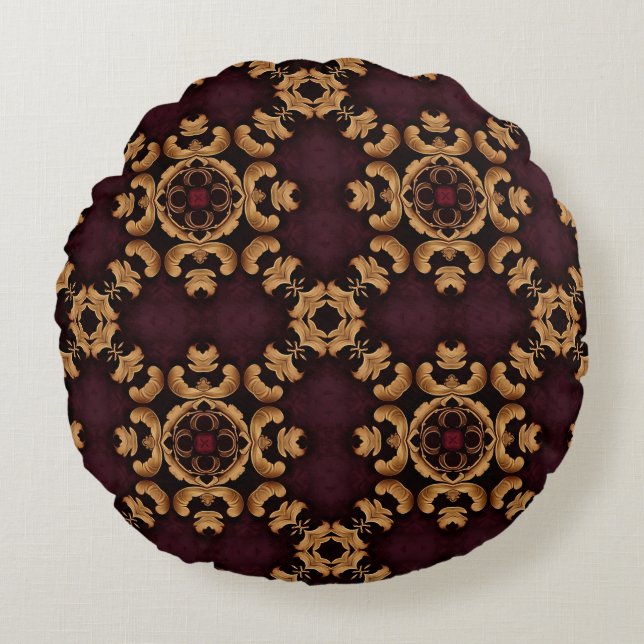 Cojín Redondo Elegant deep red gold arabesque pattern (Anverso)