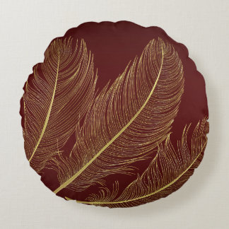 Cojín Redondo Elegant Feather Art In Rich Burgundy Luxury Tones