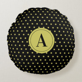 Cojín Redondo Elegant Gold & Black Star Pattern Monogram