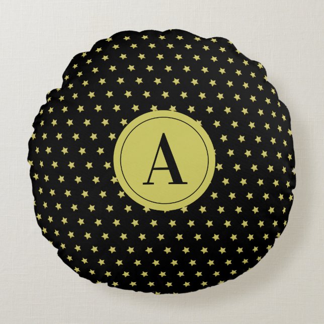 Cojín Redondo Elegant Gold & Black Star Pattern Monogram (Anverso)