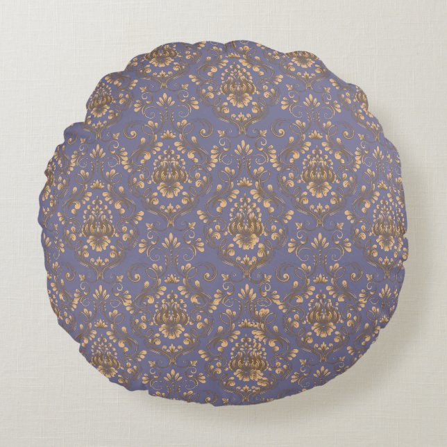 Cojín Redondo Elegant Gold Damask on Periwinkle Blue (Anverso)