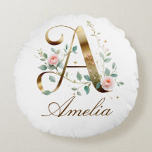 Elegant Gold Floral Initial A Round Throw Pillow