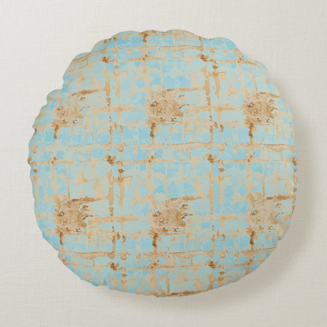 Cojín Redondo Elegant, Gold Soft Blue Checkered Abstract Pattern (Anverso)