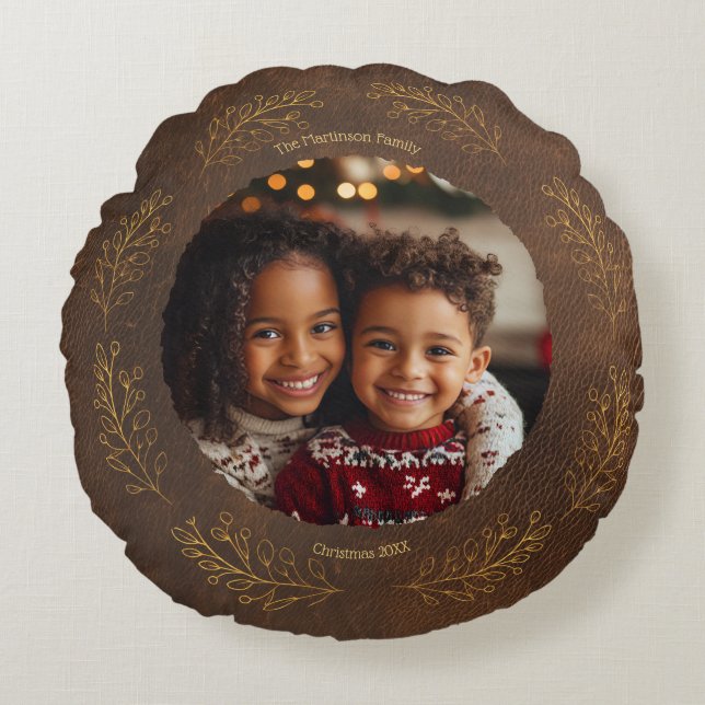 Cojín Redondo Elegant Golden Leaves Family Photo Christmas Brown (Anverso)