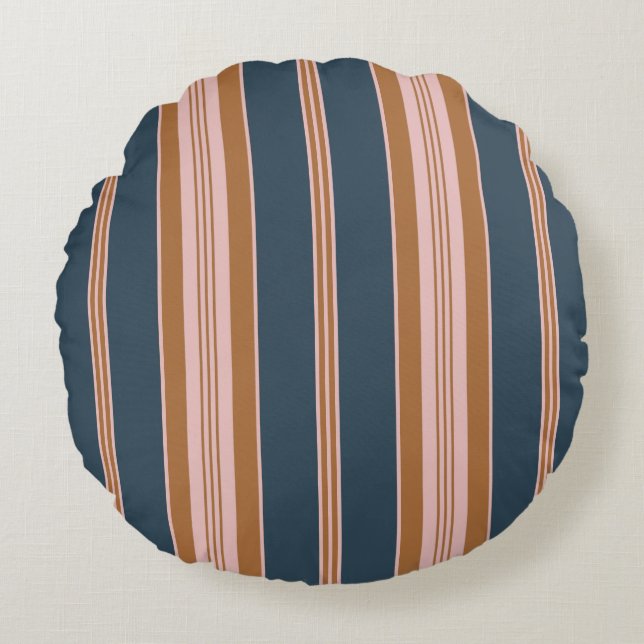 Cojín Redondo Elegant Navy Brown Pink Ticking Stripe (Anverso)