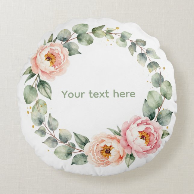 Cojín Redondo Elegant Pink Floral Watercolor Wreath Personalized (Anverso)