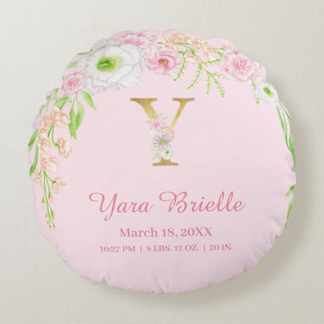 Cojín Redondo Elegant Pink Gold Monogram "Y" Baby Girl Stats (Anverso)