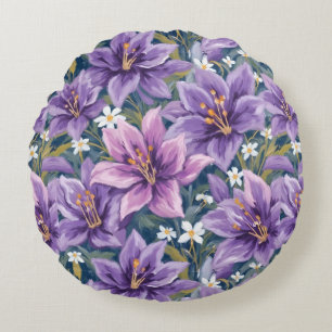 Cojín Redondo Elegant Purple Lily Floral Oil Painting