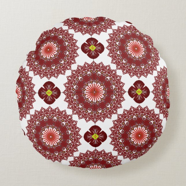 Cojín Redondo Elegant Red Mandala Geometric Bedroom & Home Texti (Anverso)