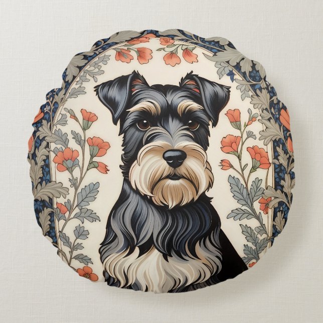 Cojín Redondo Elegant Schnauzer William Morris Inspired Floral (Anverso)
