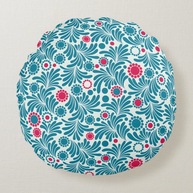 Cojín Redondo Elegant Teal and Magenta Foliage Pattern (Anverso)