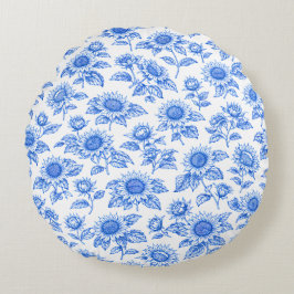 Cojín Redondo Elegant Toile du Jouy Sunflowers – Blue Botanical 