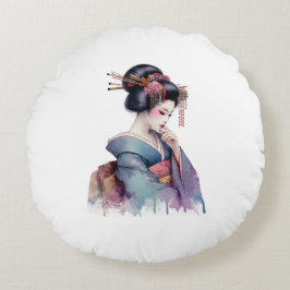 Cojín Redondo Elegant Watercolor Geisha in Soft Teal and Plum