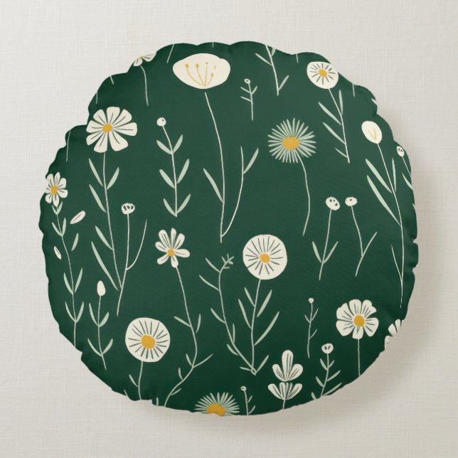 Cojín Redondo Elegant Wildflower Pattern on Dark Green  (Anverso)