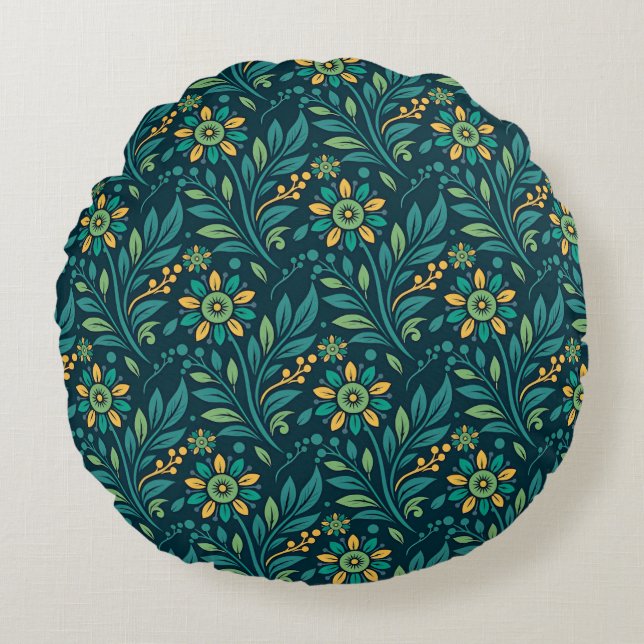 Cojín Redondo Elegant Yellow and Teal Floral Pattern Design (Anverso)