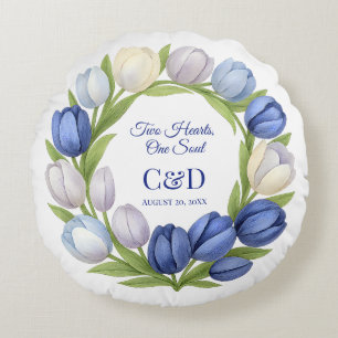 Cojín Redondo Elegante acuarela Tulip Wreath Boda Marfil Azul