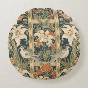 Cojín Redondo Elegante Arte Nouveau Botánico Vintage Pájaro Lir