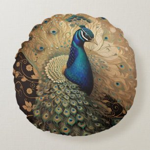 Cojín Redondo Elegante ave dorada de pavo real