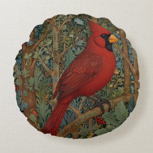 Cojín Redondo Elegante ave roja retro cardenal Art Nouveau