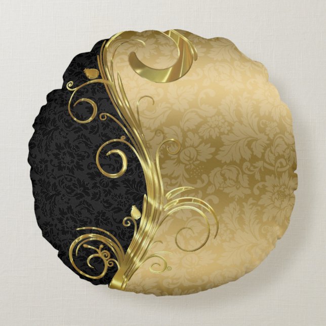 Cojín Redondo Elegante Black Damask Gold Swirls (Anverso)