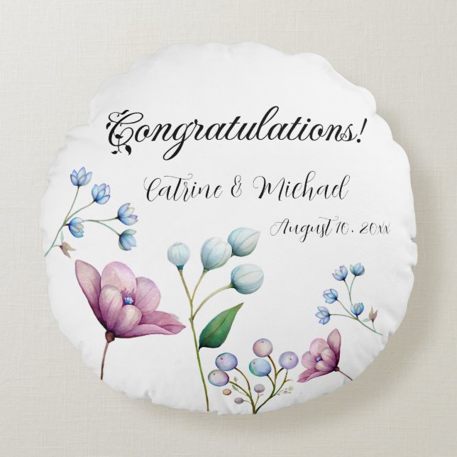 Cojín Redondo Elegante Boda floral suave romance botánico (Anverso)