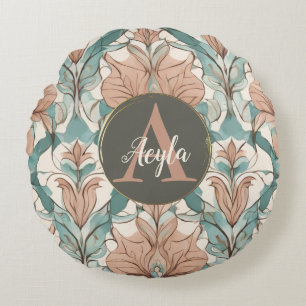 Cojín Redondo Elegante Boho Botánico Pink Floral Monograma Damas