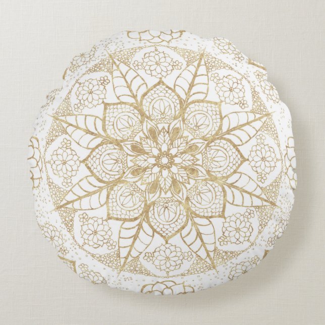 Cojín Redondo Elegante Boho White Gold Mandala Floral (Anverso)