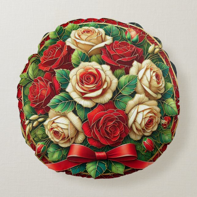 Cojín Redondo Elegante Bouquet de Rosas rojos y blancos (Anverso)