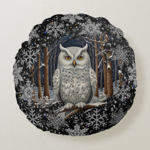 Cojín Redondo Elegante búho blanco de Navidad bosque invernal