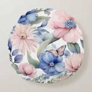 Cojín Redondo Elegante Bungalow rosa y azul de flores