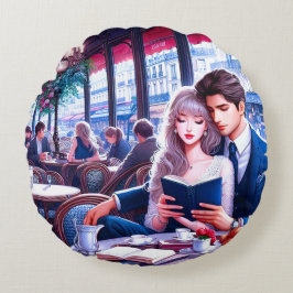 Cojín Redondo Elegante Cafe Parisiense Fecha: Un Escape Romántic