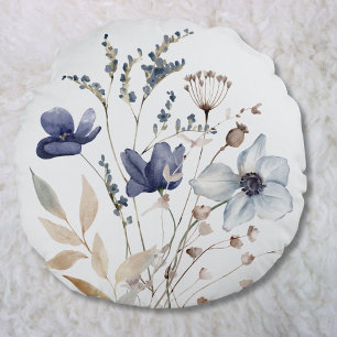 Cojín Redondo Elegante Chic Monograma Flor de Acuarela Azul