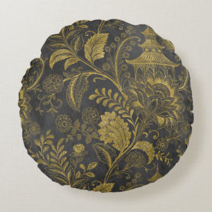 Cojín Redondo Elegante Chinoiserie Floral Vintage Pagoda de Oro