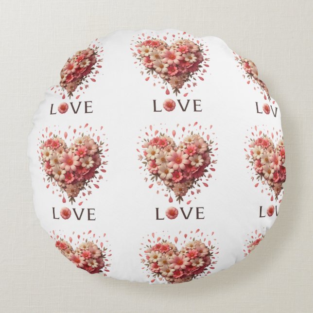 Cojín Redondo Elegante Corazón Floral Rosa Romántico Día de San  (Anverso)